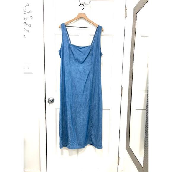 Old Navy Denim Chambray Midi Dress XL Blue Smocked Back Square Neck Cottagecore - Picture 3 of 15